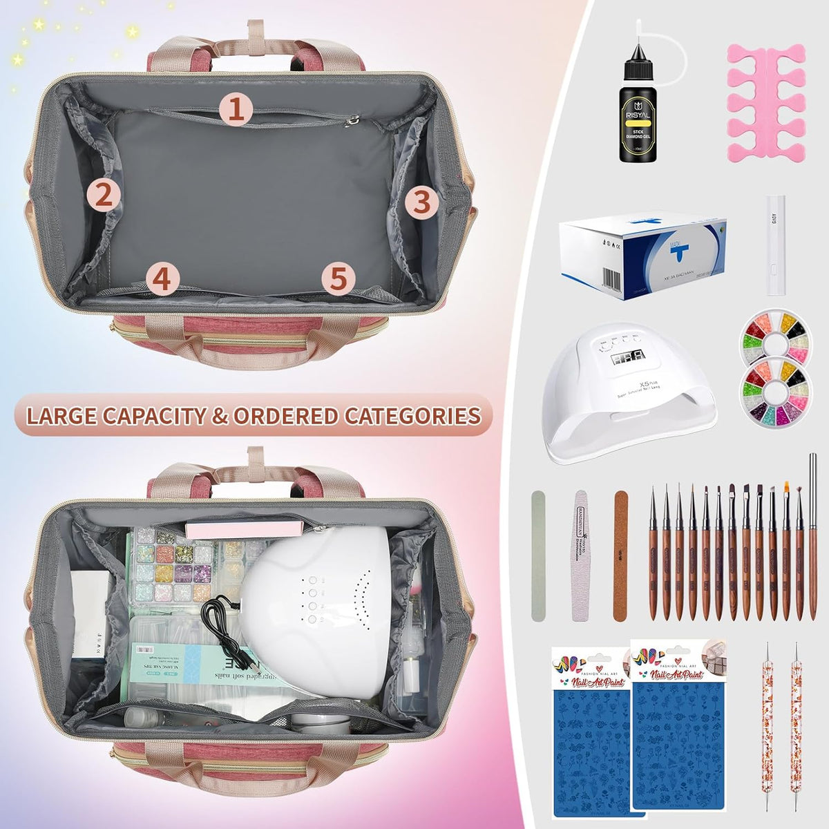 Nail Polish Organizer Case Backpack Holds 70 Bottles (15ml/0.5fl.oz) & Nail Lamp, 2 Layers Detachable Nail Kit Storage Case, Large Travel Nail Supplies Shoulder Bag for Manicure Tools (Purple)
