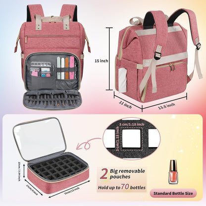 Nail Polish Organizer Case Backpack Holds 70 Bottles (15ml/0.5fl.oz) & Nail Lamp, 2 Layers Detachable Nail Kit Storage Case, Large Travel Nail Supplies Shoulder Bag for Manicure Tools (Purple)