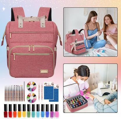 Nail Polish Organizer Case Backpack Holds 70 Bottles (15ml/0.5fl.oz) & Nail Lamp, 2 Layers Detachable Nail Kit Storage Case, Large Travel Nail Supplies Shoulder Bag for Manicure Tools (Purple)