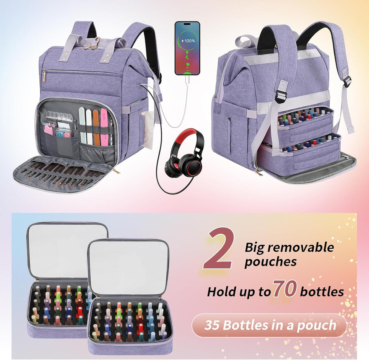 Nail Polish Organizer Case Backpack Holds 70 Bottles (15ml/0.5fl.oz) & Nail Lamp, 2 Layers Detachable Nail Kit Storage Case, Large Travel Nail Supplies Shoulder Bag for Manicure Tools (Purple)