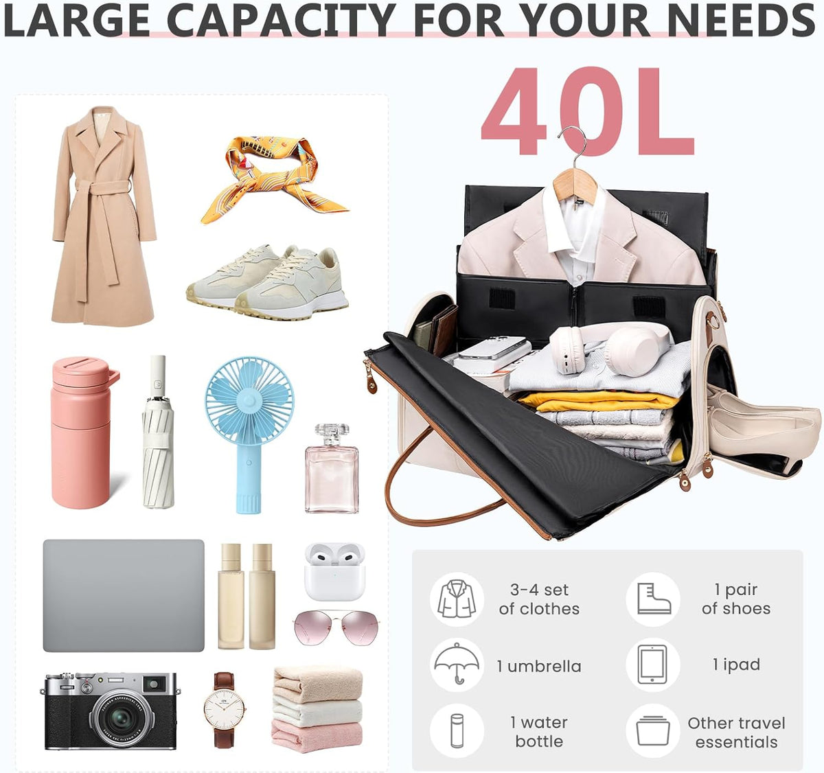 Convertible Garment Duffle Bag for Travel, Carry On Garment Bag for Women, 2 in 1 Travel Garment Bag with Shoe Compartment, Foldable Suit Travel Bag for Hanging Clothes, Pink