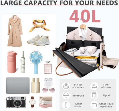 Convertible Garment Duffle Bag for Travel, Carry On Garment Bag for Women, 2 in 1 Travel Garment Bag with Shoe Compartment, Foldable Suit Travel Bag for Hanging Clothes, Pink