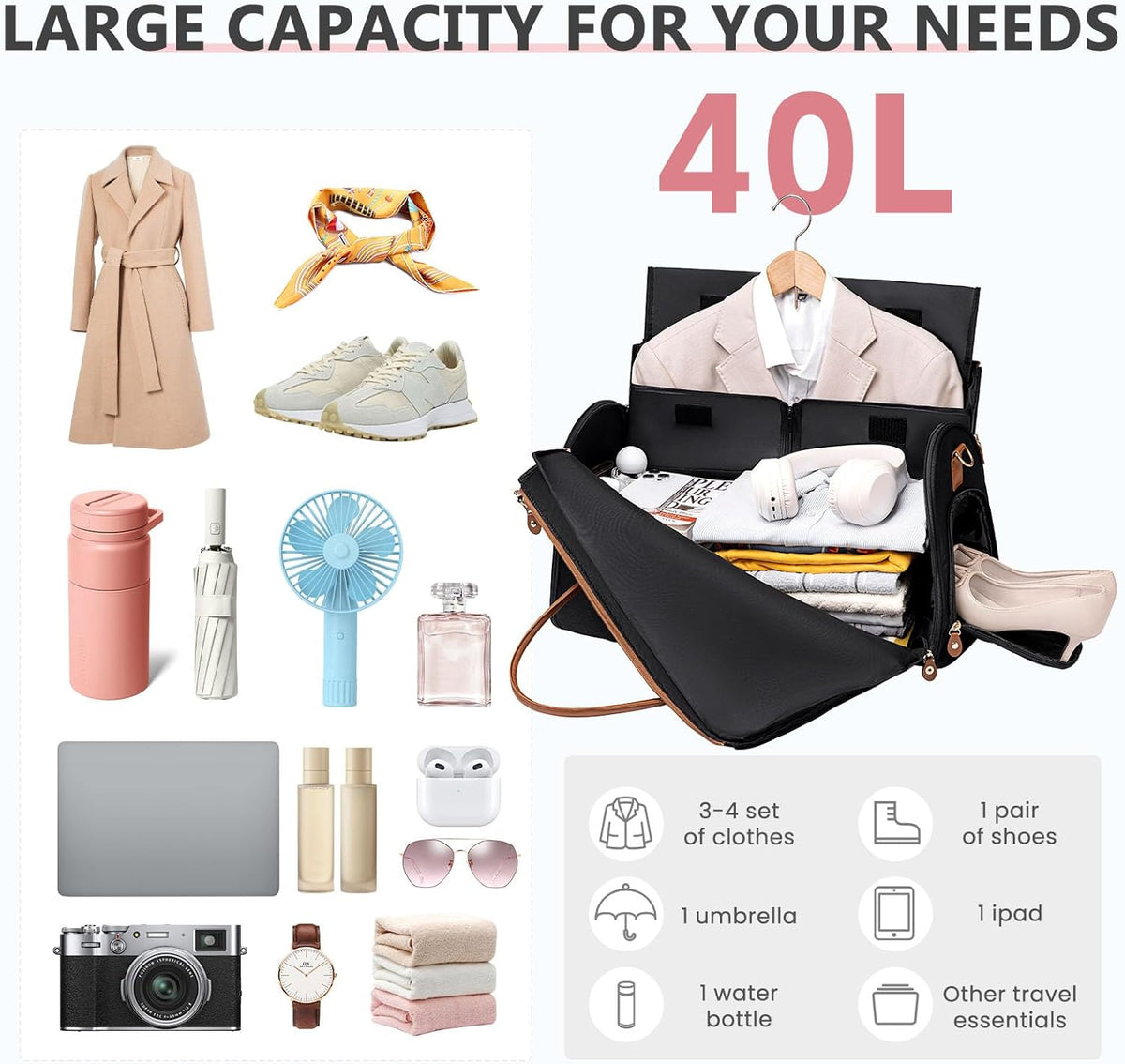 Convertible Garment Duffle Bag for Travel, Carry On Garment Bag for Women, 2 in 1 Travel Garment Bag with Shoe Compartment, Foldable Suit Travel Bag for Hanging Clothes, Pink