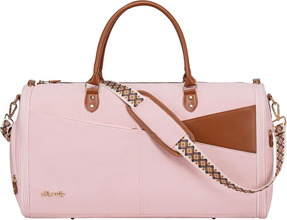 Convertible Garment Duffle Bag for Travel, Carry On Garment Bag for Women, 2 in 1 Travel Garment Bag with Shoe Compartment, Foldable Suit Travel Bag for Hanging Clothes, Pink
