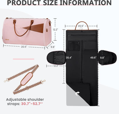 Convertible Garment Duffle Bag for Travel, Carry On Garment Bag for Women, 2 in 1 Travel Garment Bag with Shoe Compartment, Foldable Suit Travel Bag for Hanging Clothes, Pink