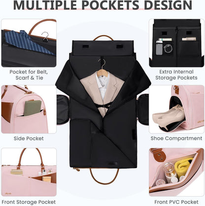 Convertible Garment Duffle Bag for Travel, Carry On Garment Bag for Women, 2 in 1 Travel Garment Bag with Shoe Compartment, Foldable Suit Travel Bag for Hanging Clothes, Pink