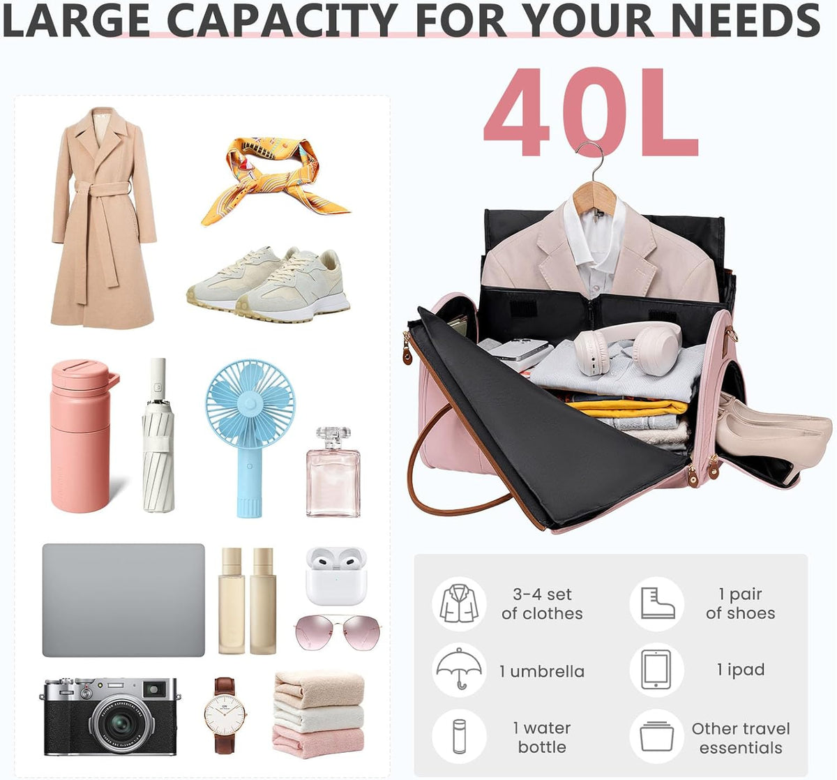 Convertible Garment Duffle Bag for Travel, Carry On Garment Bag for Women, 2 in 1 Travel Garment Bag with Shoe Compartment, Foldable Suit Travel Bag for Hanging Clothes, Pink