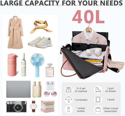 Convertible Garment Duffle Bag for Travel, Carry On Garment Bag for Women, 2 in 1 Travel Garment Bag with Shoe Compartment, Foldable Suit Travel Bag for Hanging Clothes, Pink