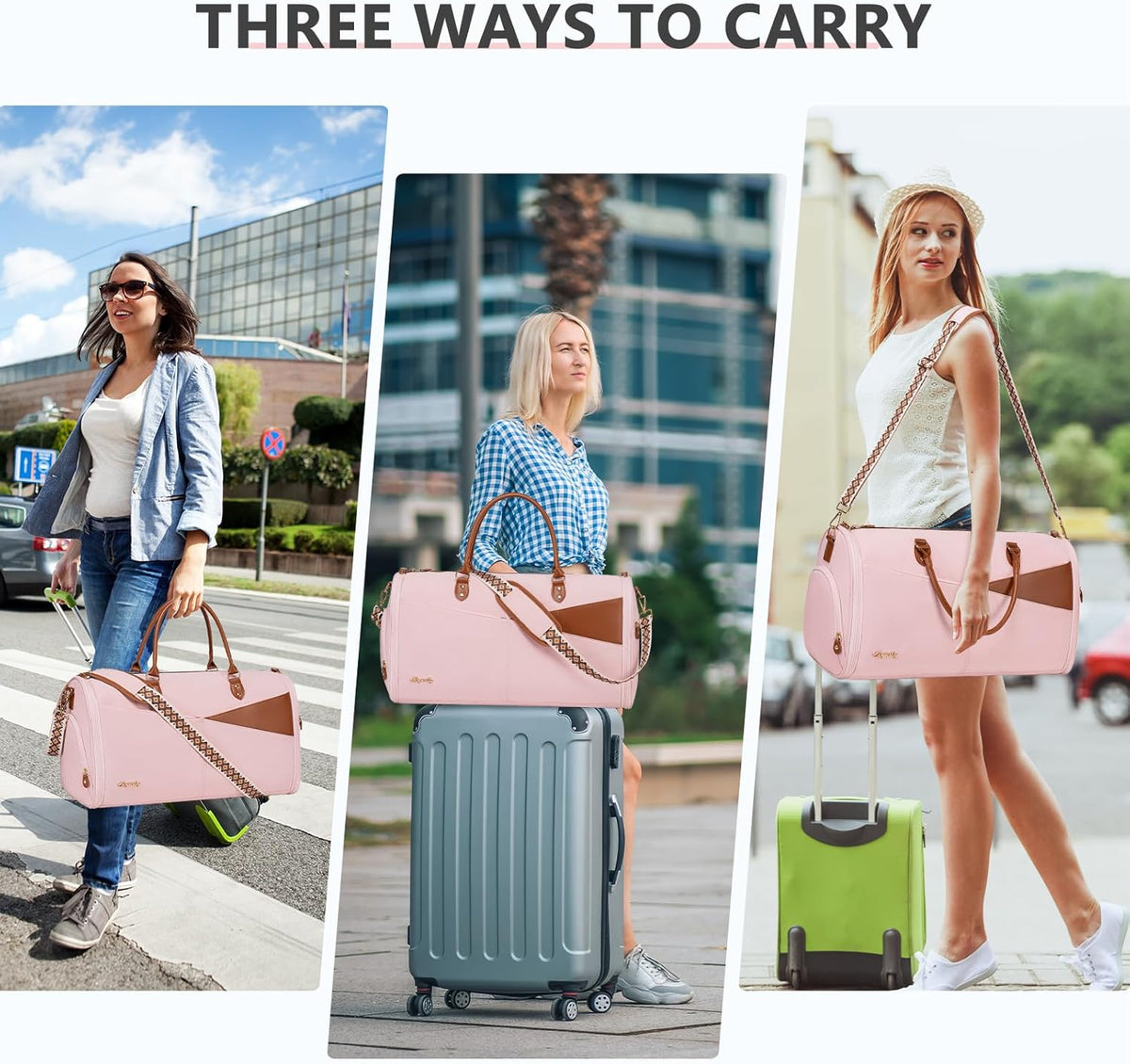 Convertible Garment Duffle Bag for Travel, Carry On Garment Bag for Women, 2 in 1 Travel Garment Bag with Shoe Compartment, Foldable Suit Travel Bag for Hanging Clothes, Pink