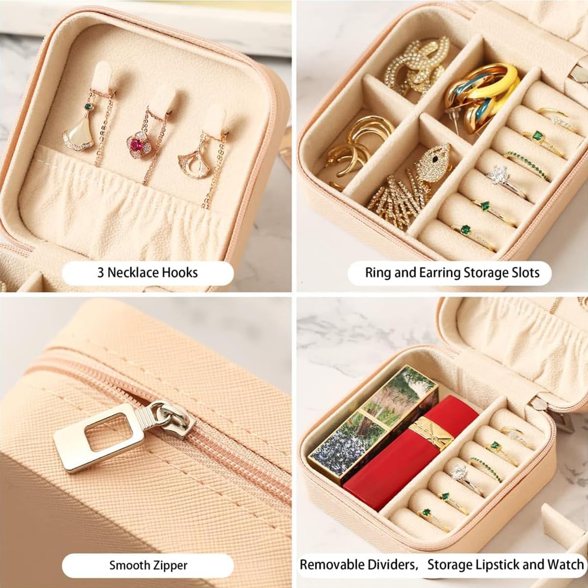 Travel Jewelry Case, Mini Portable Jewelry Travel Boxes, Jewelry Organizer for Rings, Earrings, Pendants, Necklaces, Lipsticks, Etc. (Pink)