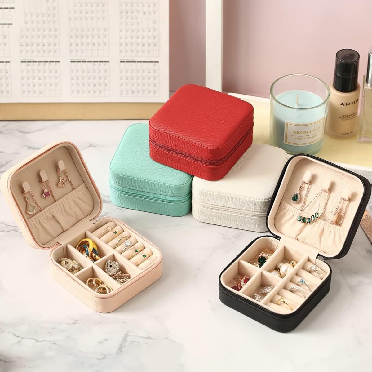 Travel Jewelry Case, Mini Portable Jewelry Travel Boxes, Jewelry Organizer for Rings, Earrings, Pendants, Necklaces, Lipsticks, Etc. (Pink)
