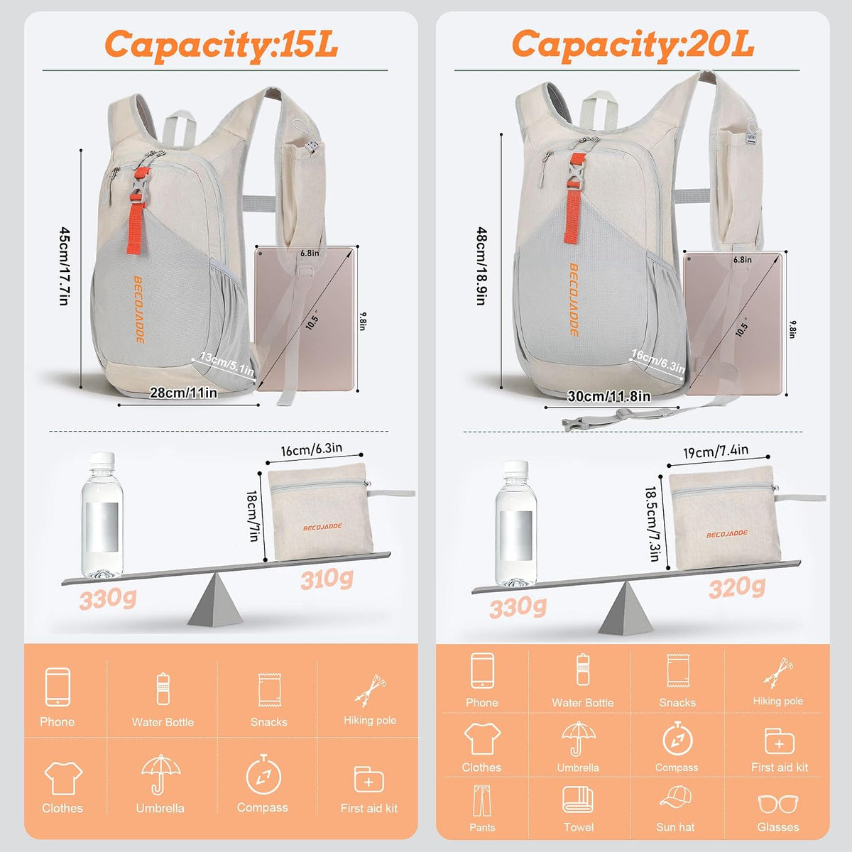 20L Small Hiking Backpack for Men Women Foldable Packable Back Pack Ultralight Hiking Daypack for Travel Camping Outdoor, Beige