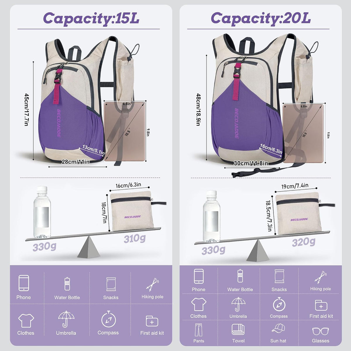 20L Small Hiking Backpack for Men Women Foldable Packable Back Pack Ultralight Hiking Daypack for Travel Camping Outdoor, Beige