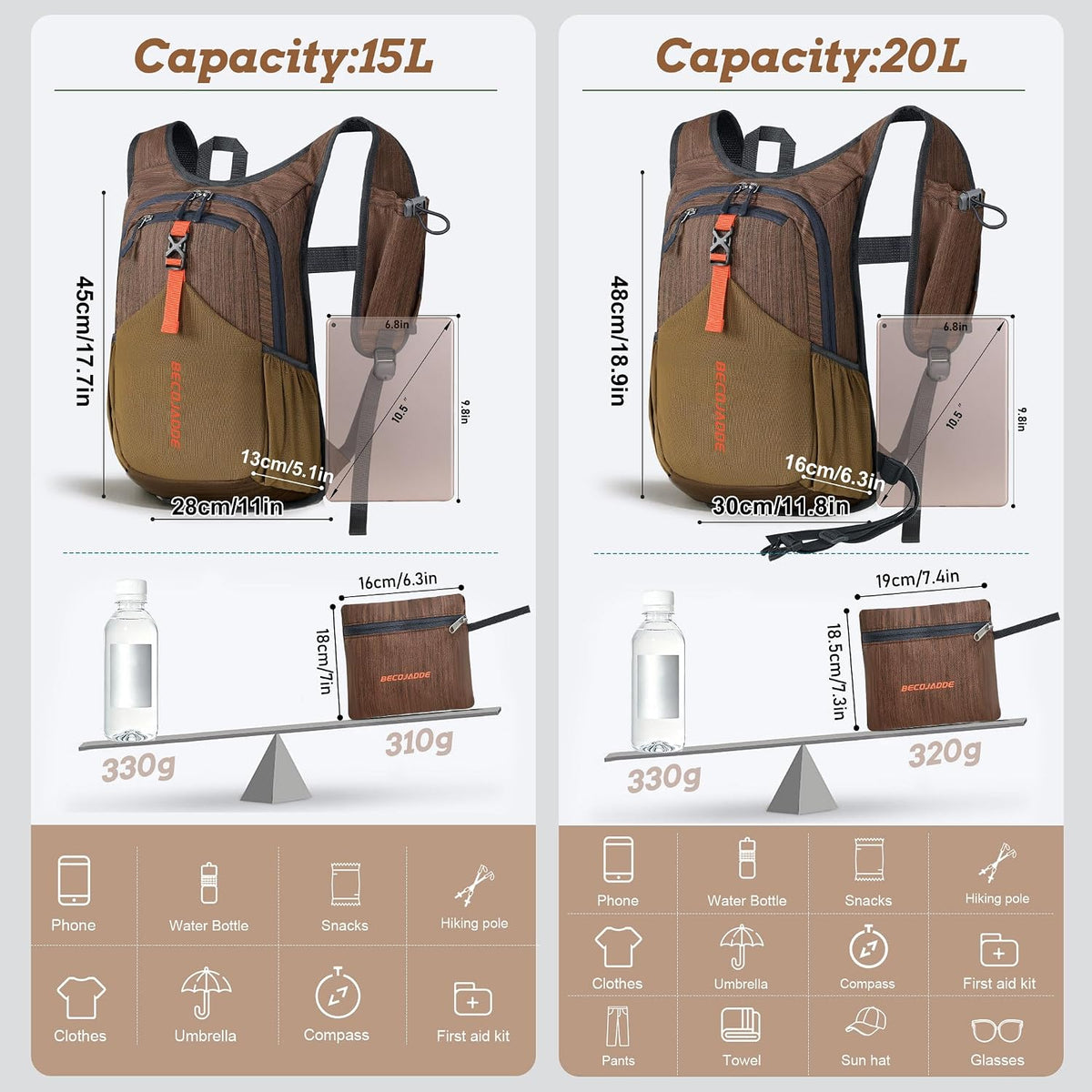 20L Small Hiking Backpack for Men Women Foldable Packable Back Pack Ultralight Hiking Daypack for Travel Camping Outdoor, Beige