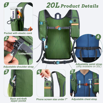 20L Small Hiking Backpack for Men Women Foldable Packable Back Pack Ultralight Hiking Daypack for Travel Camping Outdoor, Beige