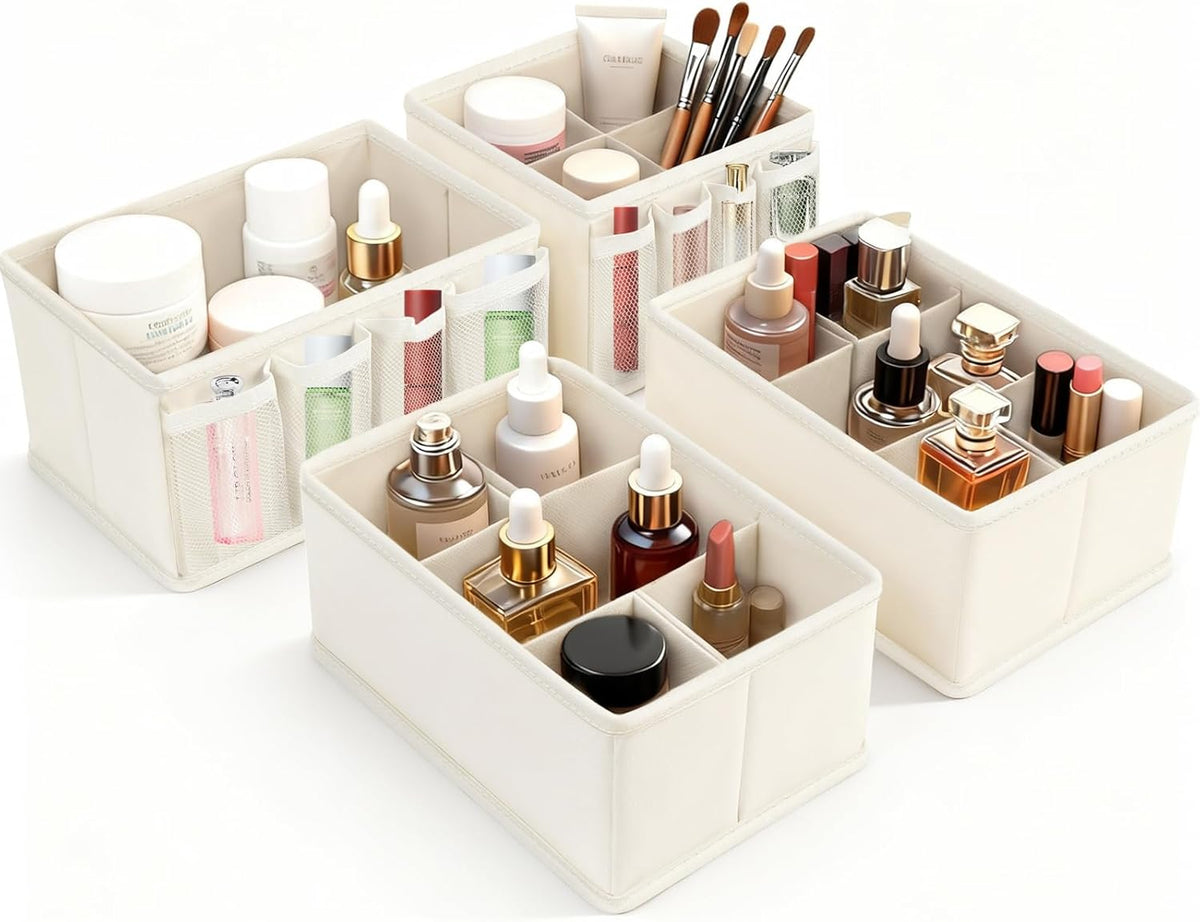 Cosmetic Storage Bins Makeup Organizer, Adjustable Multifunction Storage Box Desk Drawer Divider for Makeup Brushes, Bathroom Countertop or Dresser, Set of 4