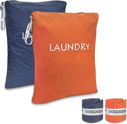 Travel Laundry Bags Reusable Dirty Clothes Bag with Handle | Lightweight Packable & Splash-Resistant Foldable & Space-Saving for Suitcase, Gym, Beach & Business Trips(Navy Blue & Orange)