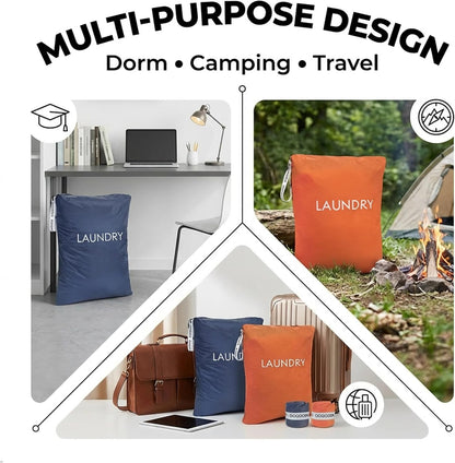 Travel Laundry Bags Reusable Dirty Clothes Bag with Handle | Lightweight Packable & Splash-Resistant Foldable & Space-Saving for Suitcase, Gym, Beach & Business Trips(Navy Blue & Orange)