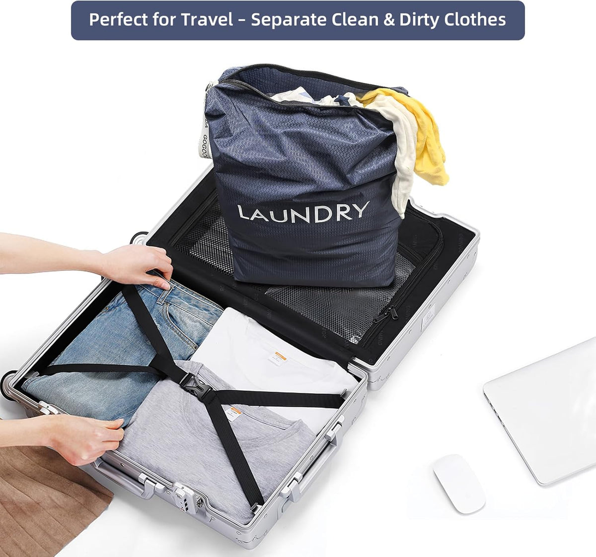 Travel Laundry Bags Reusable Dirty Clothes Bag with Handle | Lightweight Packable & Splash-Resistant Foldable & Space-Saving for Suitcase, Gym, Beach & Business Trips(Navy Blue & Orange)