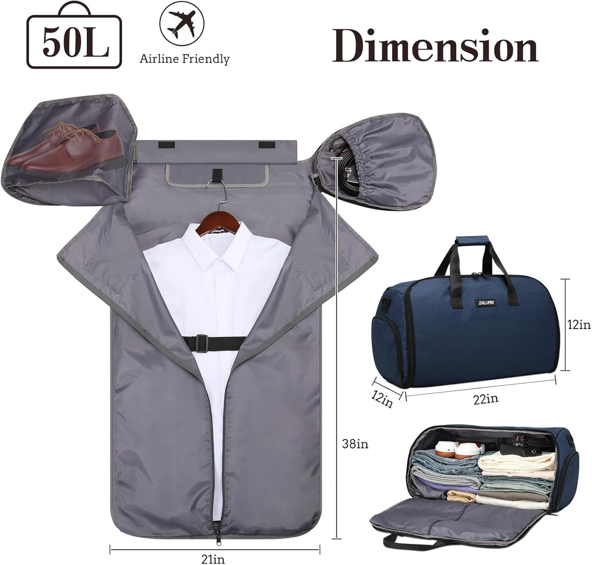 Garment Duffle Bags for Travel, Carry On Garment Duffel Weekender Bag 45L | 2-days Trip,Wrinkle-Free Travel,Separate Shoe Pocket | Overnight Garment Bag for Vacation, Business Trips, Weekend