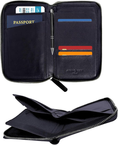 100% Leather Passport Holder for Travel RFID Blocking Passport Wallet for Men & Women - Zippered Compact Travel Document Organizer Fits Cash, Cards, SIM, ID and Tickets