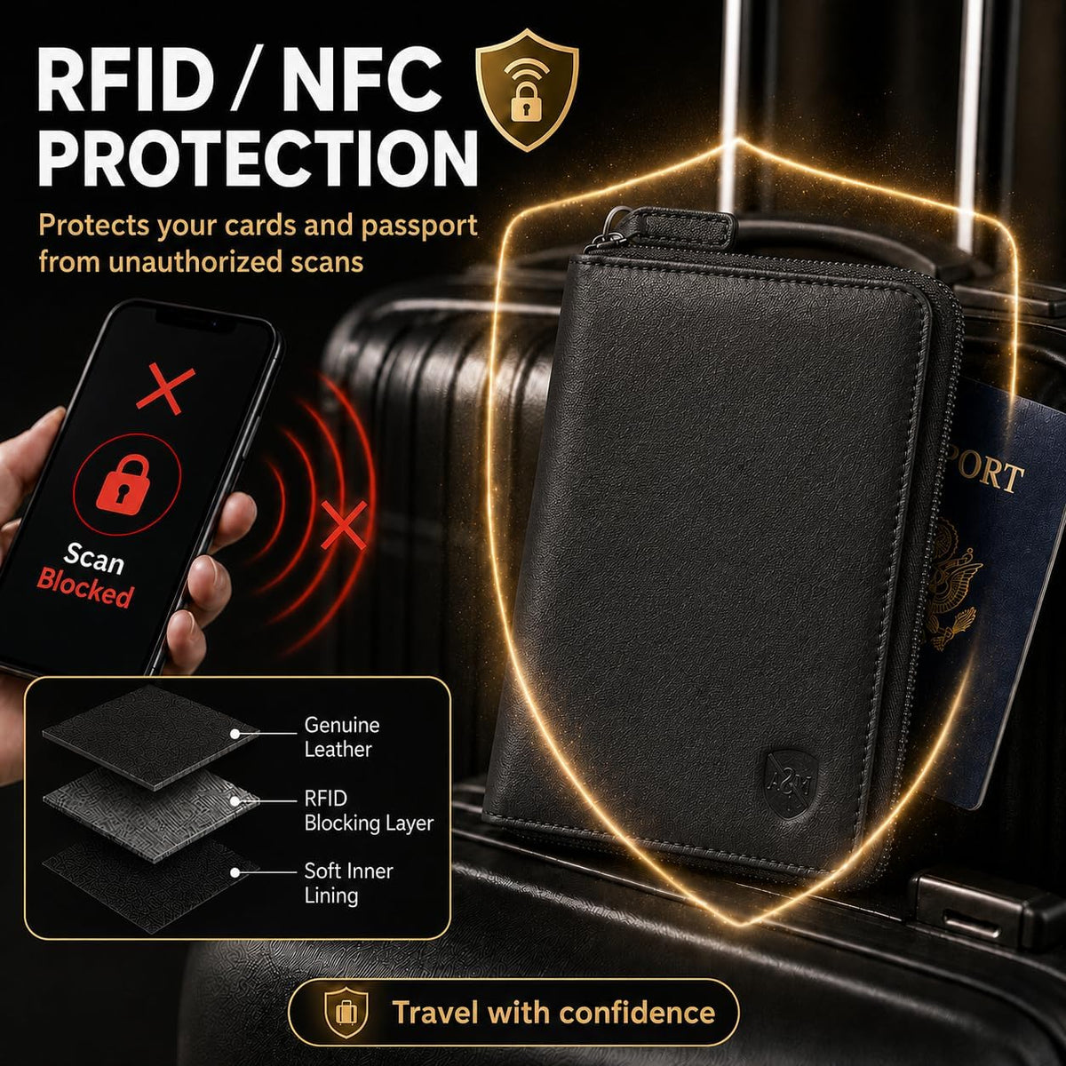 100% Leather Passport Holder for Travel RFID Blocking Passport Wallet for Men & Women - Zippered Compact Travel Document Organizer Fits Cash, Cards, SIM, ID and Tickets