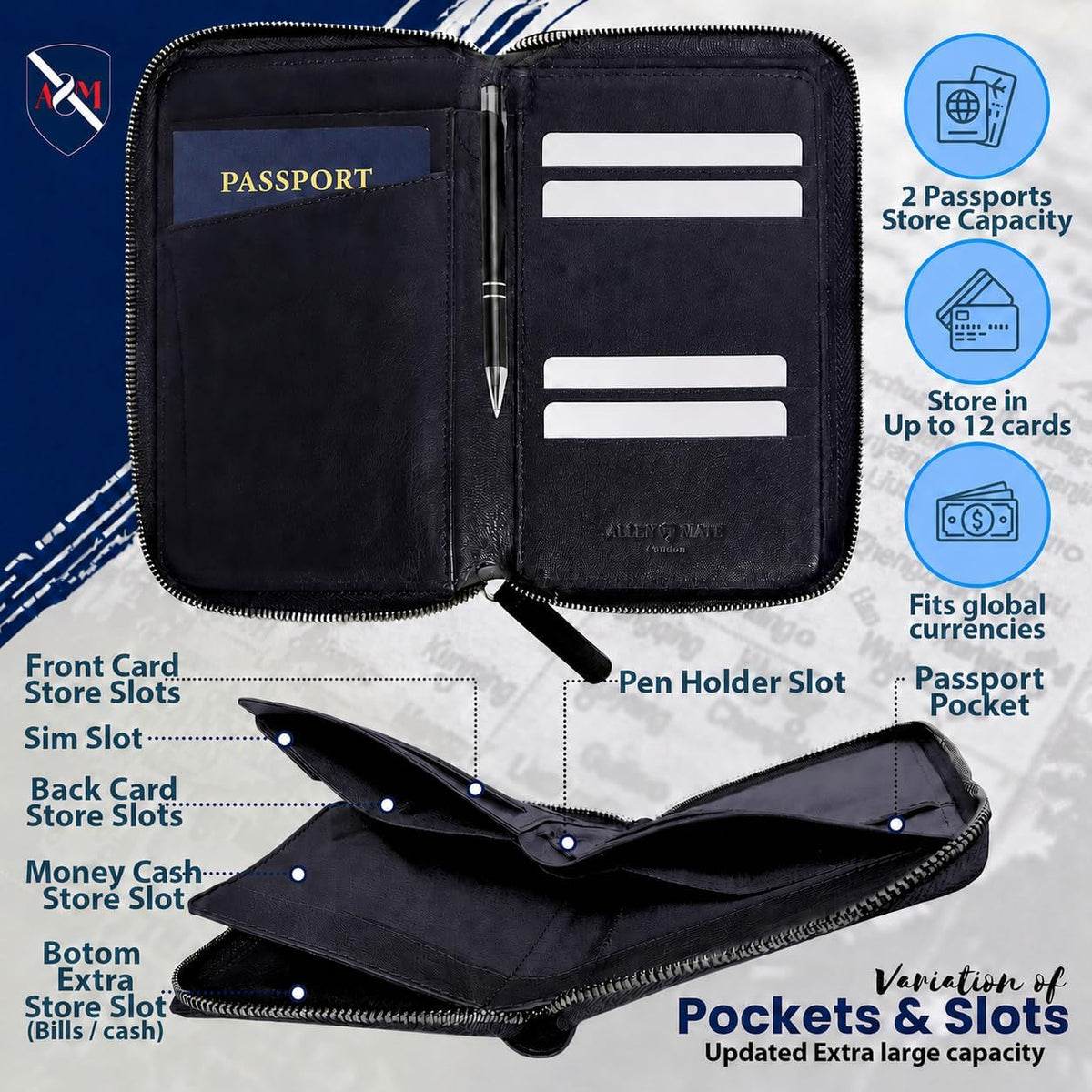 100% Leather Passport Holder for Travel RFID Blocking Passport Wallet for Men & Women - Zippered Compact Travel Document Organizer Fits Cash, Cards, SIM, ID and Tickets