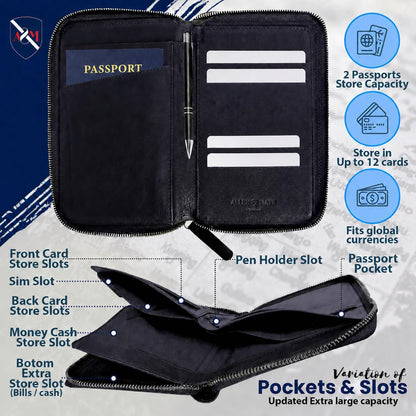 100% Leather Passport Holder for Travel RFID Blocking Passport Wallet for Men & Women - Zippered Compact Travel Document Organizer Fits Cash, Cards, SIM, ID and Tickets