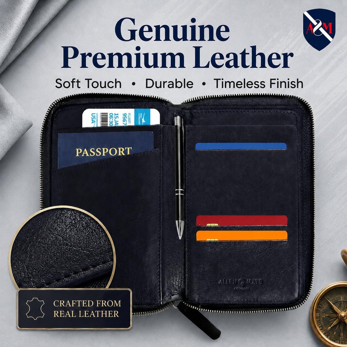 100% Leather Passport Holder for Travel RFID Blocking Passport Wallet for Men & Women - Zippered Compact Travel Document Organizer Fits Cash, Cards, SIM, ID and Tickets