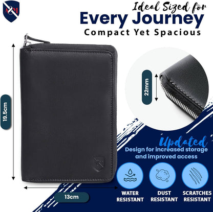 100% Leather Passport Holder for Travel RFID Blocking Passport Wallet for Men & Women - Zippered Compact Travel Document Organizer Fits Cash, Cards, SIM, ID and Tickets