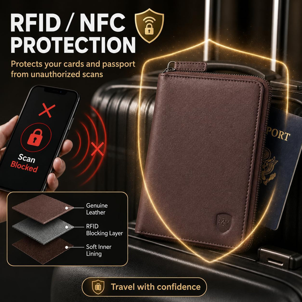 100% Leather Passport Holder for Travel RFID Blocking Passport Wallet for Men & Women - Zippered Compact Travel Document Organizer Fits Cash, Cards, SIM, ID and Tickets