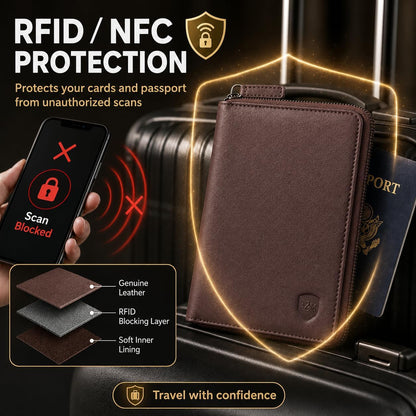 100% Leather Passport Holder for Travel RFID Blocking Passport Wallet for Men & Women - Zippered Compact Travel Document Organizer Fits Cash, Cards, SIM, ID and Tickets