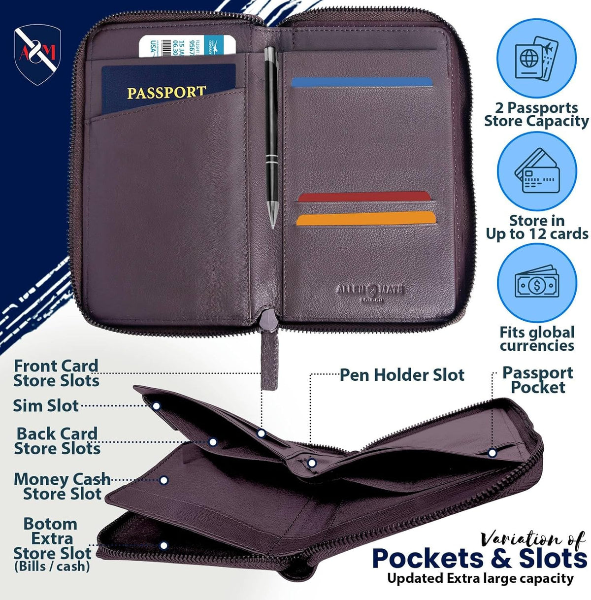 100% Leather Passport Holder for Travel RFID Blocking Passport Wallet for Men & Women - Zippered Compact Travel Document Organizer Fits Cash, Cards, SIM, ID and Tickets