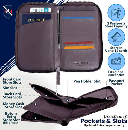 100% Leather Passport Holder for Travel RFID Blocking Passport Wallet for Men & Women - Zippered Compact Travel Document Organizer Fits Cash, Cards, SIM, ID and Tickets