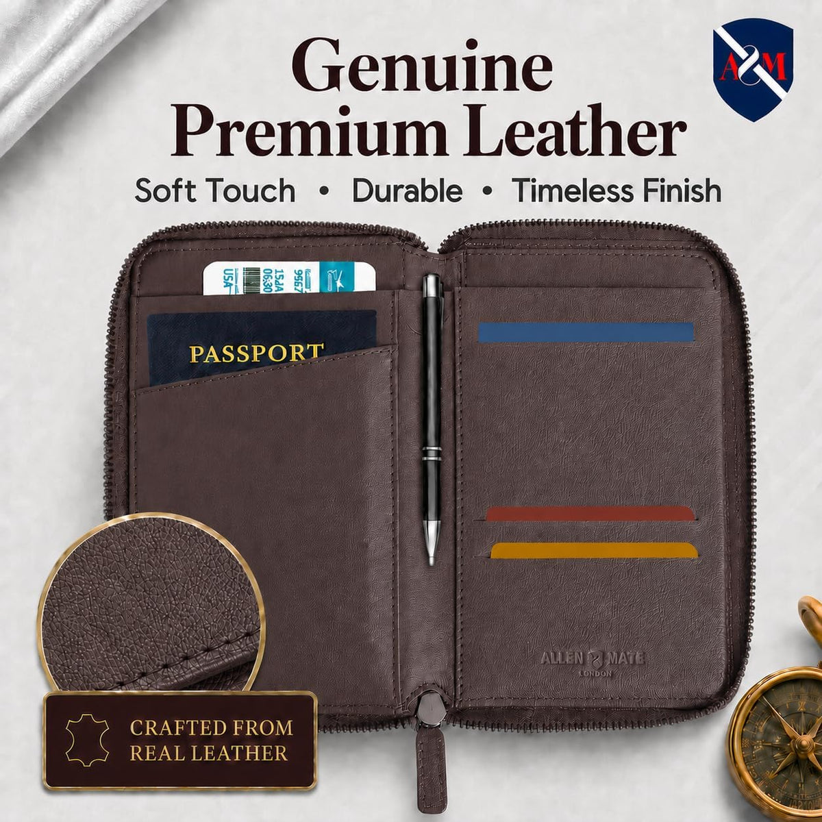 100% Leather Passport Holder for Travel RFID Blocking Passport Wallet for Men & Women - Zippered Compact Travel Document Organizer Fits Cash, Cards, SIM, ID and Tickets