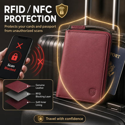 100% Leather Passport Holder for Travel RFID Blocking Passport Wallet for Men & Women - Zippered Compact Travel Document Organizer Fits Cash, Cards, SIM, ID and Tickets