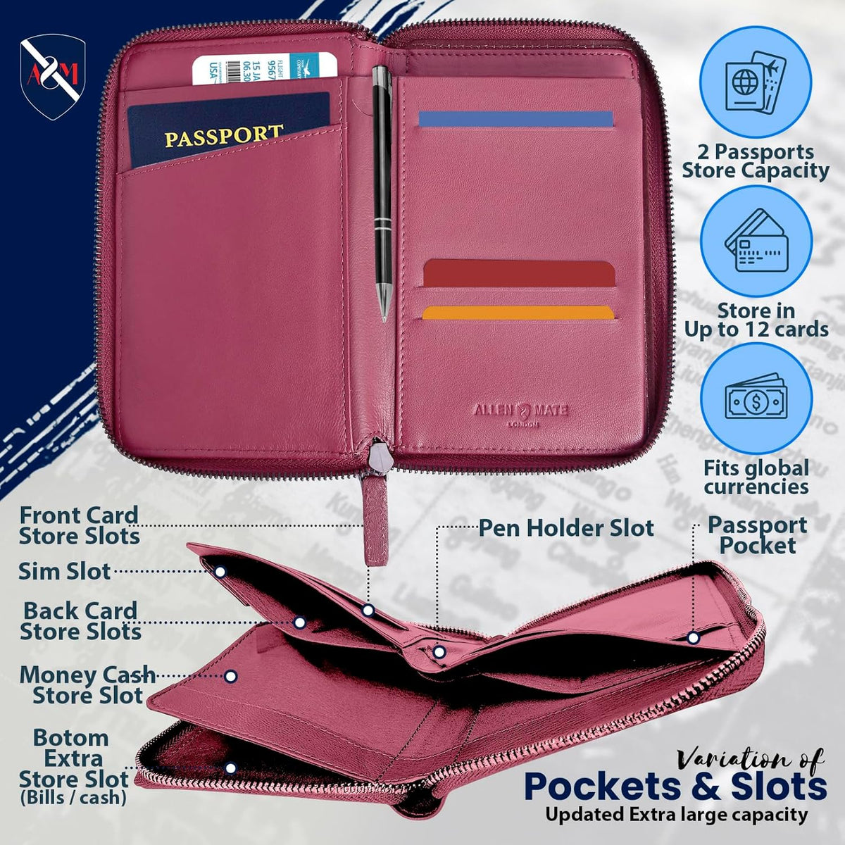 100% Leather Passport Holder for Travel RFID Blocking Passport Wallet for Men & Women - Zippered Compact Travel Document Organizer Fits Cash, Cards, SIM, ID and Tickets