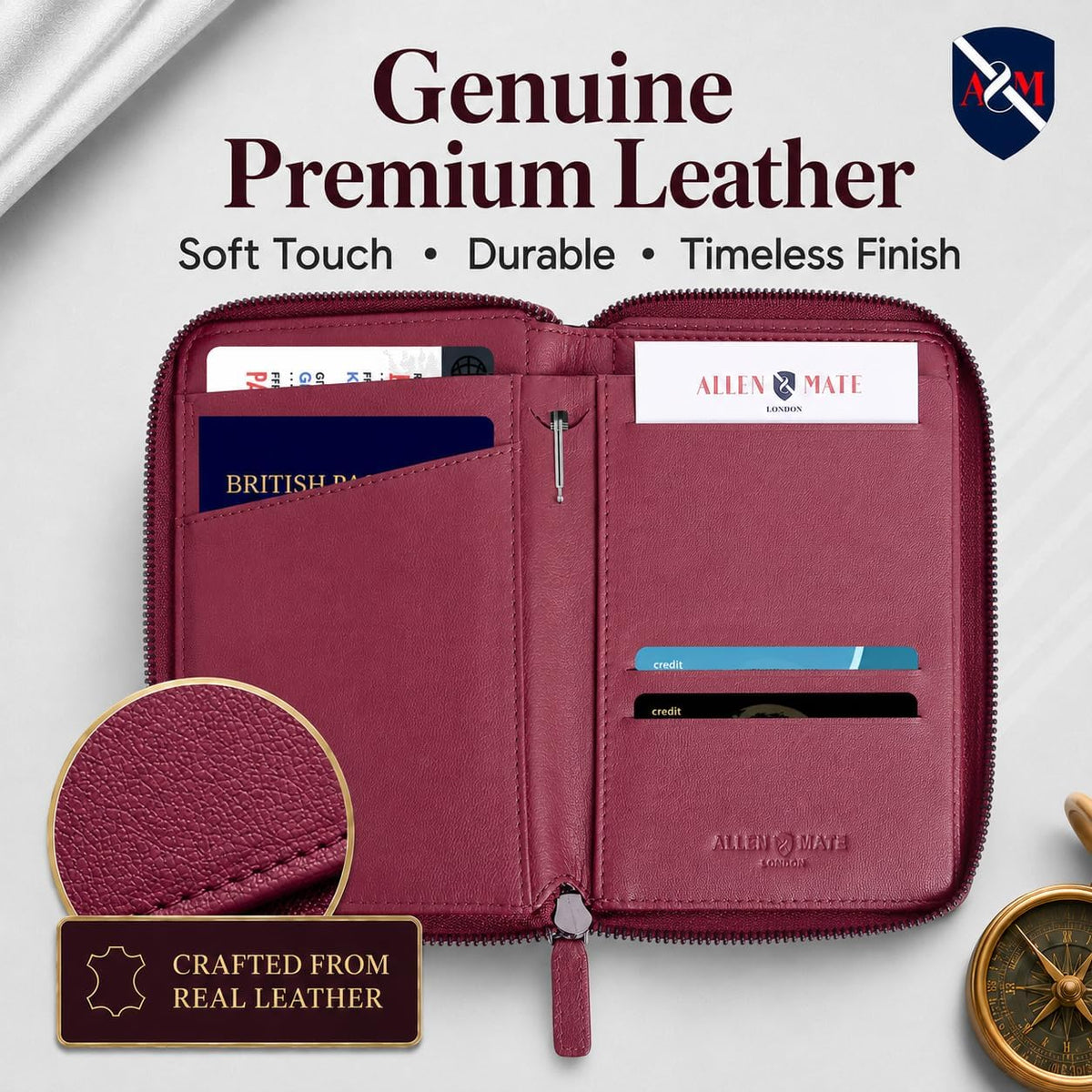 100% Leather Passport Holder for Travel RFID Blocking Passport Wallet for Men & Women - Zippered Compact Travel Document Organizer Fits Cash, Cards, SIM, ID and Tickets