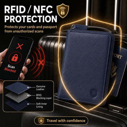 100% Leather Passport Holder for Travel RFID Blocking Passport Wallet for Men & Women - Zippered Compact Travel Document Organizer Fits Cash, Cards, SIM, ID and Tickets