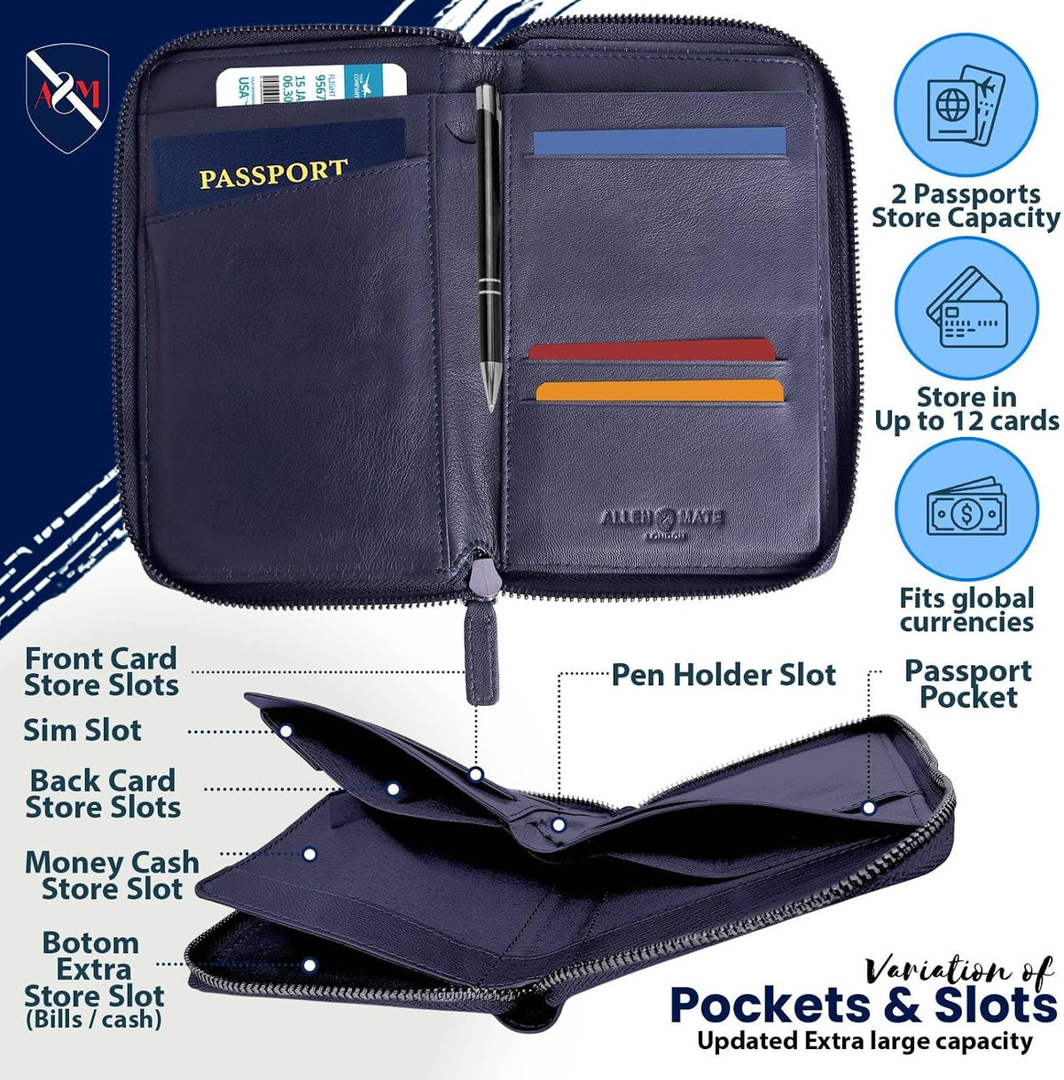 100% Leather Passport Holder for Travel RFID Blocking Passport Wallet for Men & Women - Zippered Compact Travel Document Organizer Fits Cash, Cards, SIM, ID and Tickets