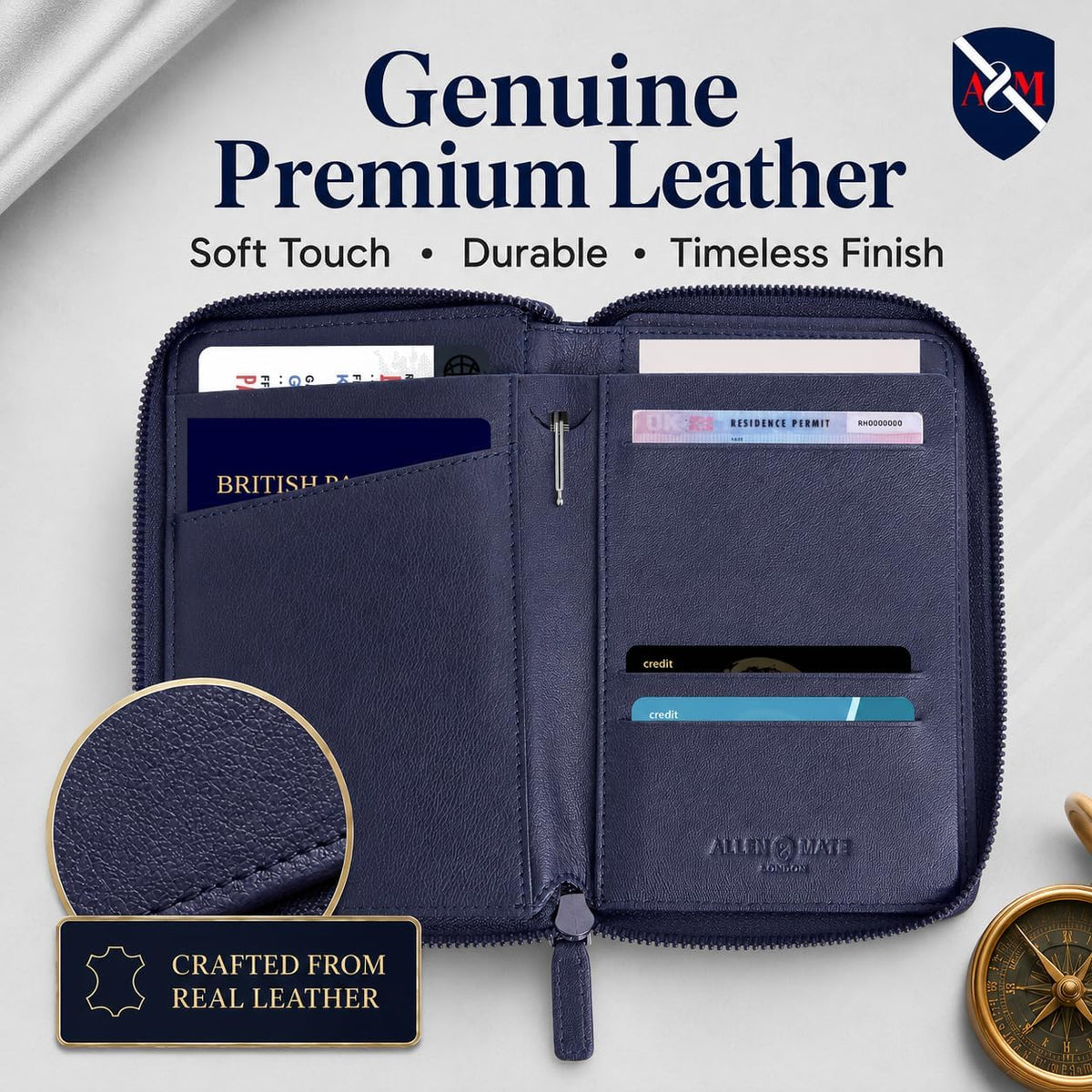 100% Leather Passport Holder for Travel RFID Blocking Passport Wallet for Men & Women - Zippered Compact Travel Document Organizer Fits Cash, Cards, SIM, ID and Tickets
