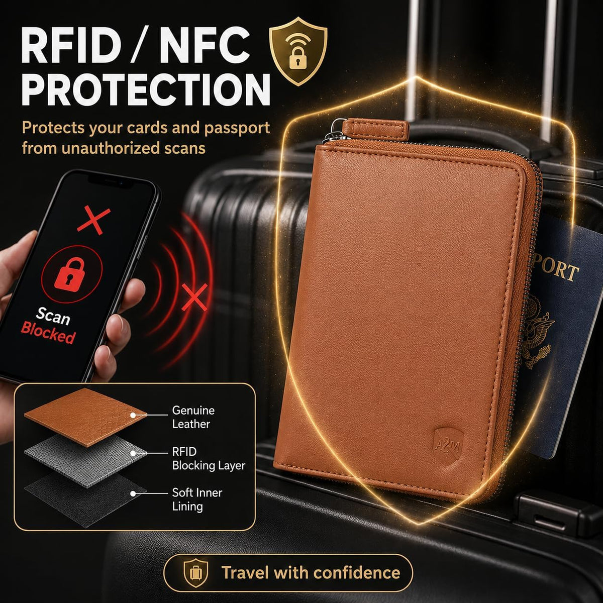 100% Leather Passport Holder for Travel RFID Blocking Passport Wallet for Men & Women - Zippered Compact Travel Document Organizer Fits Cash, Cards, SIM, ID and Tickets