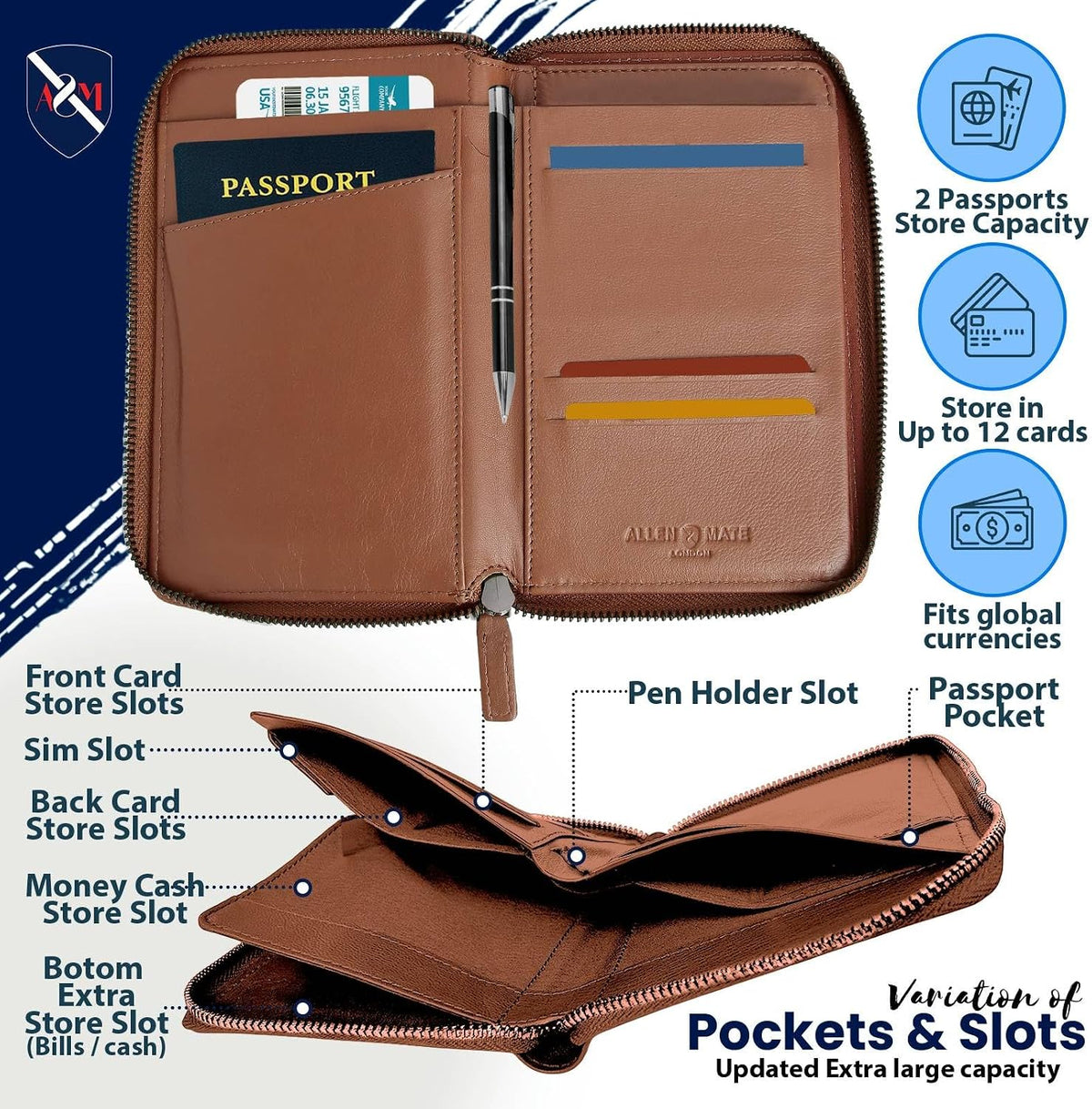 100% Leather Passport Holder for Travel RFID Blocking Passport Wallet for Men & Women - Zippered Compact Travel Document Organizer Fits Cash, Cards, SIM, ID and Tickets