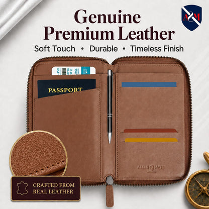 100% Leather Passport Holder for Travel RFID Blocking Passport Wallet for Men & Women - Zippered Compact Travel Document Organizer Fits Cash, Cards, SIM, ID and Tickets
