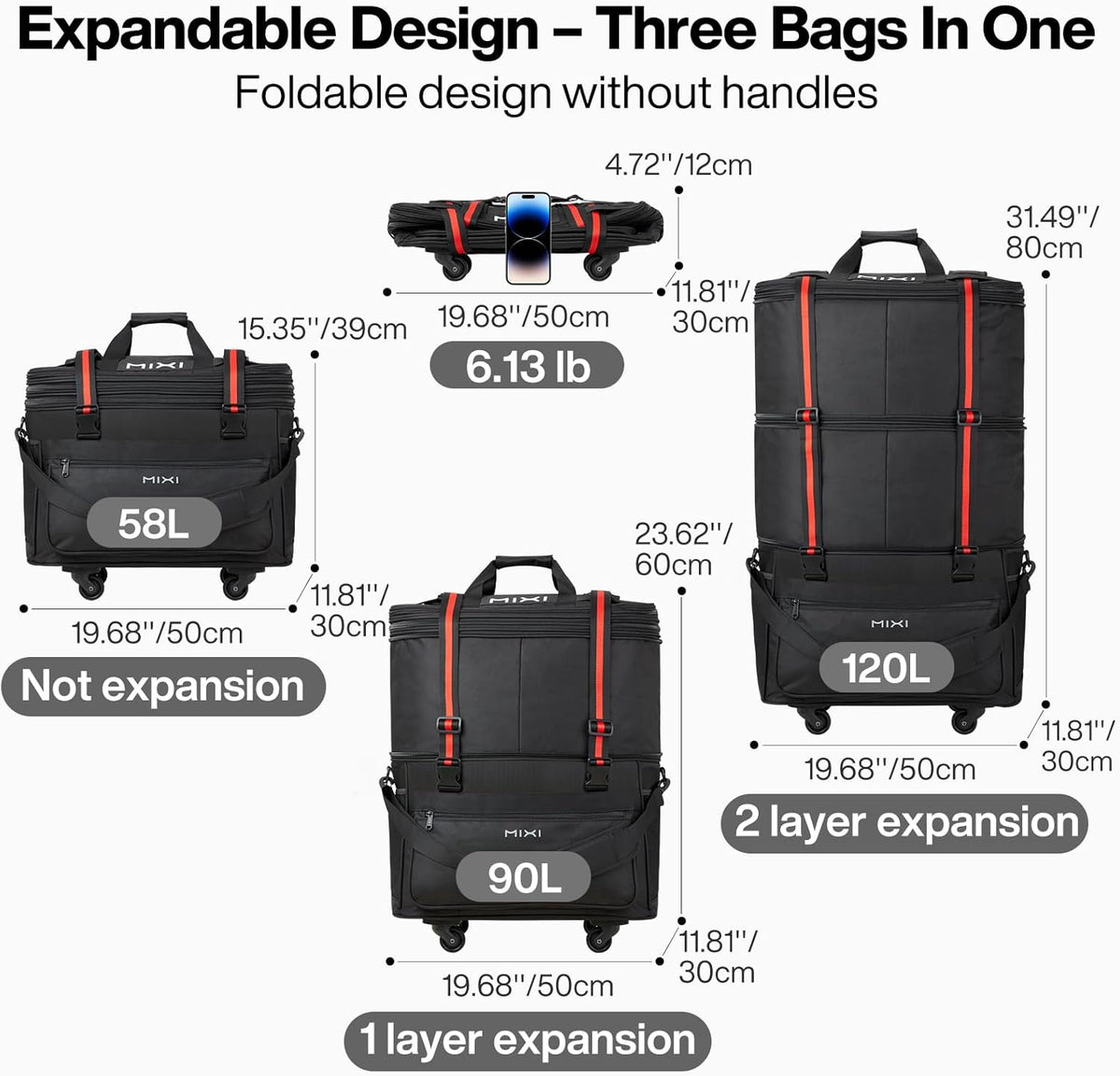 Travel Bag with Wheels Expandable Foldable Luggage Bag Collapsible Rolling Travel Bag Duffel Bag Large Capacity Suitcase for Men Women, Black