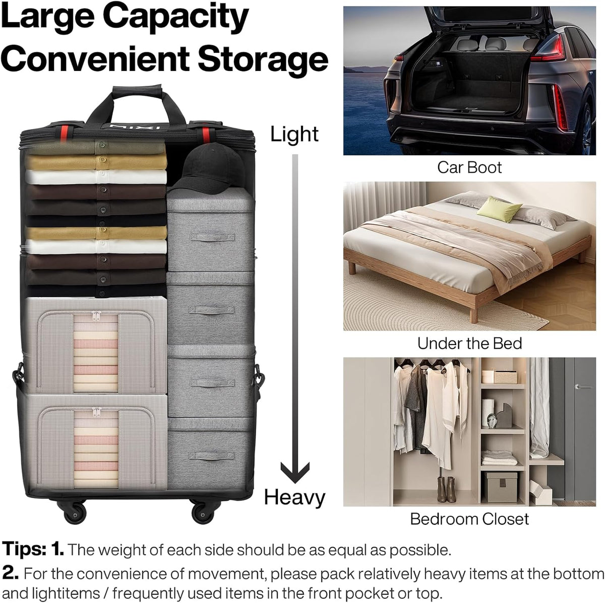 Travel Bag with Wheels Expandable Foldable Luggage Bag Collapsible Rolling Travel Bag Duffel Bag Large Capacity Suitcase for Men Women, Black