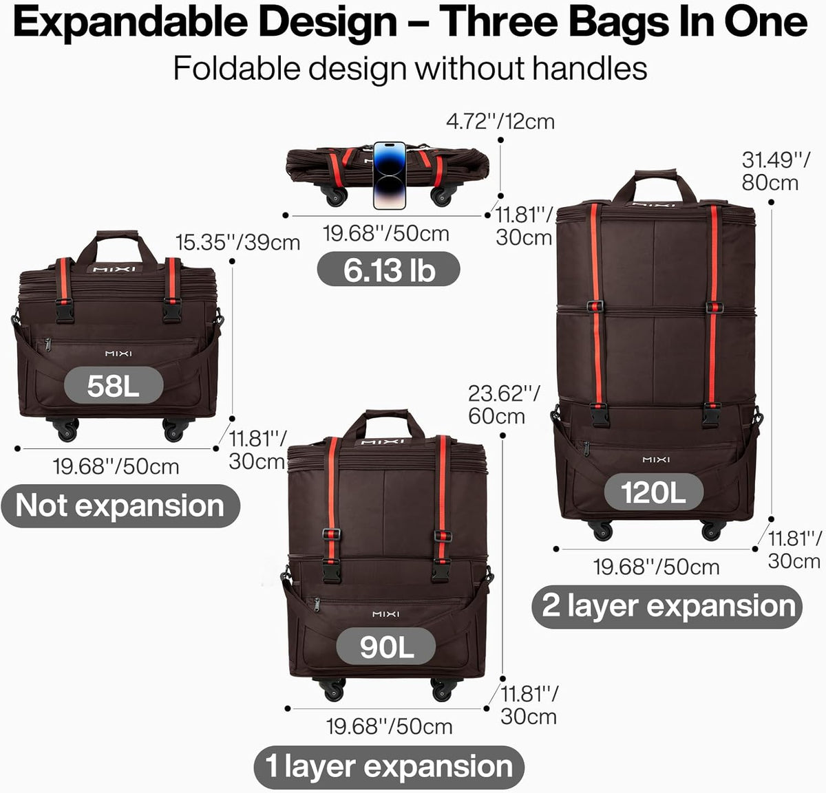 Travel Bag with Wheels Expandable Foldable Luggage Bag Collapsible Rolling Travel Bag Duffel Bag Large Capacity Suitcase for Men Women, Black