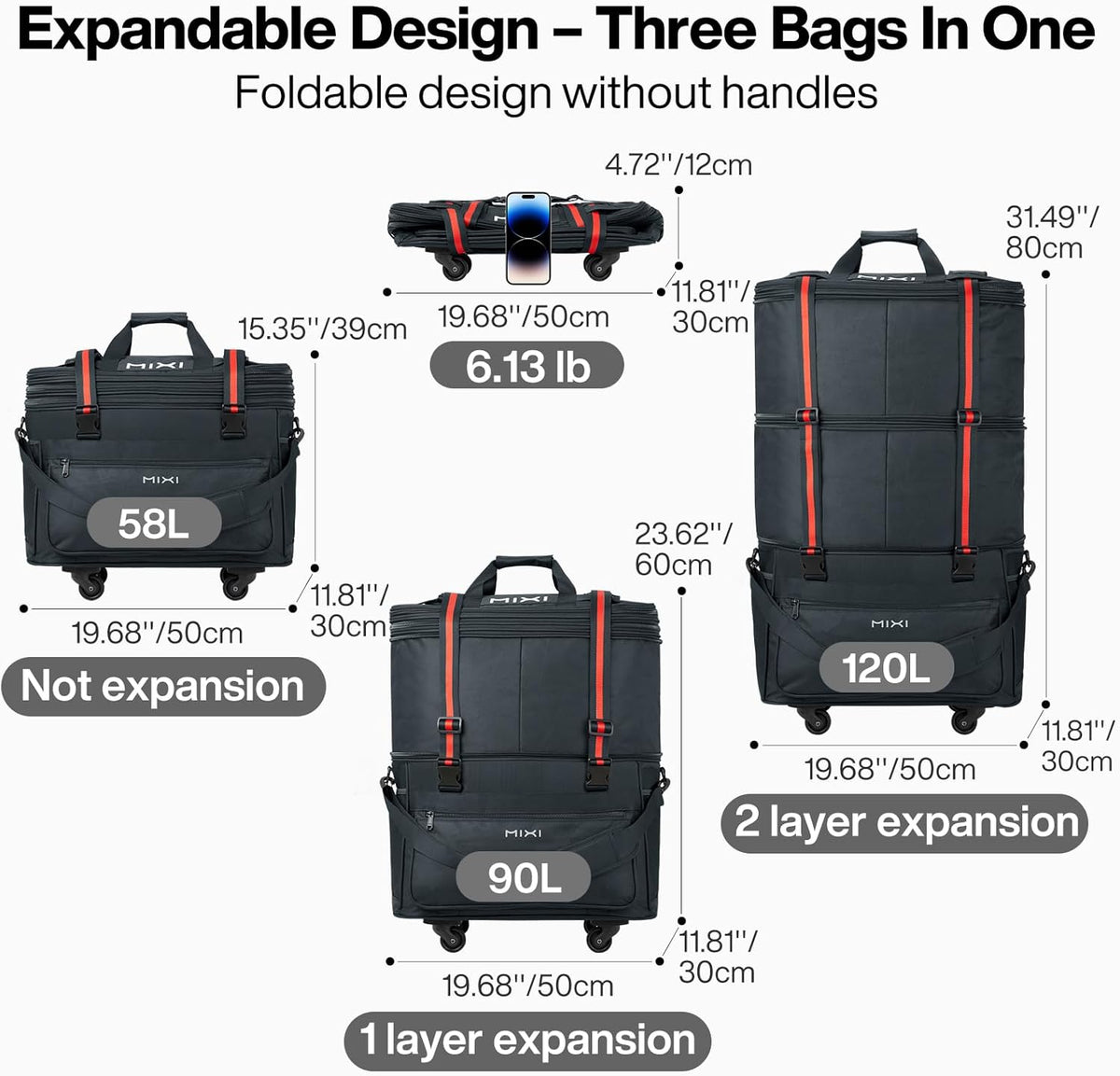 Travel Bag with Wheels Expandable Foldable Luggage Bag Collapsible Rolling Travel Bag Duffel Bag Large Capacity Suitcase for Men Women, Black