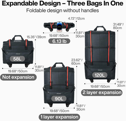 Travel Bag with Wheels Expandable Foldable Luggage Bag Collapsible Rolling Travel Bag Duffel Bag Large Capacity Suitcase for Men Women, Black
