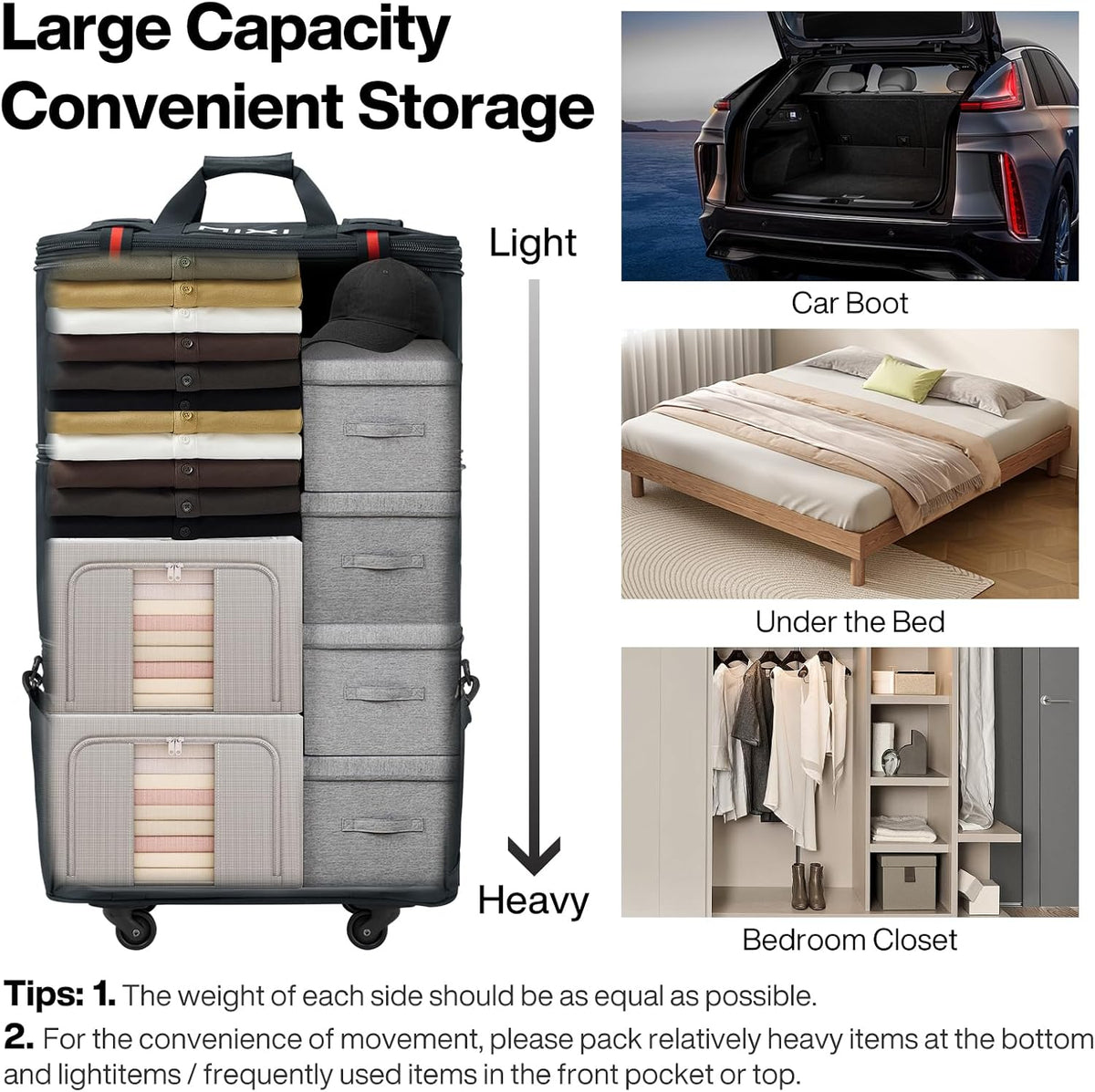 Travel Bag with Wheels Expandable Foldable Luggage Bag Collapsible Rolling Travel Bag Duffel Bag Large Capacity Suitcase for Men Women, Black
